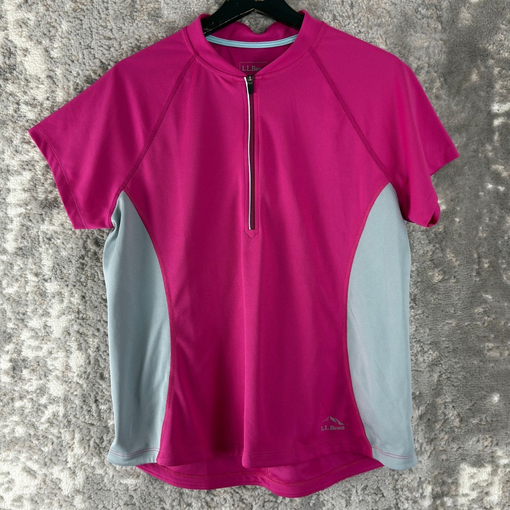 LL Bean Size L 1/4 Zip Active Mesh Back Pocket Cycling Jersey Pink Short Sleeve